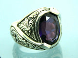 Turkish Handmade Jewelry 925 Sterling Silver Amethyst Stone Engraved Mens Rings