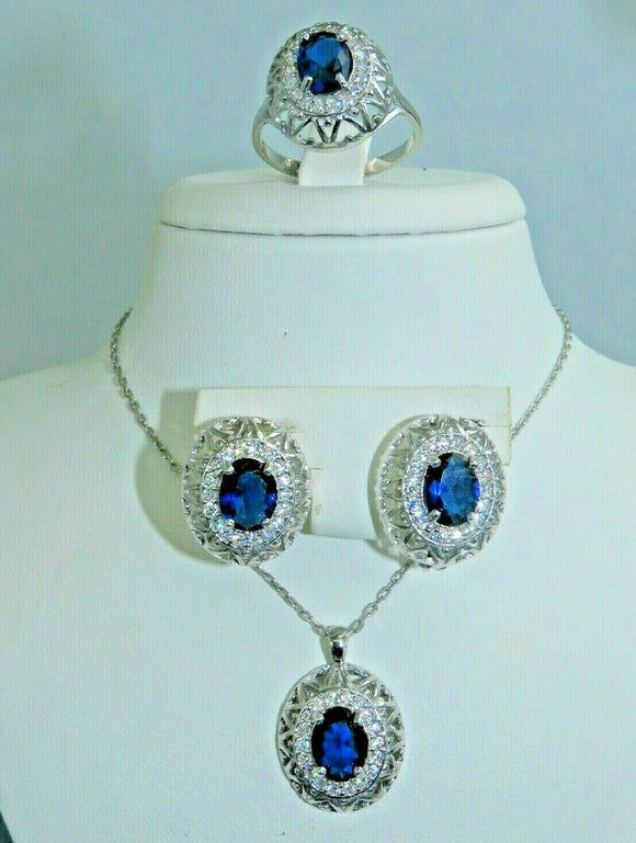 Turkish Handmade Jewelry 925 Sterling Silver Sapphire Stone Women's Earrings, Pendant & Ring Jewelry Set