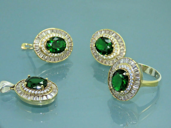 Turkish Handmade Jewelry 925 Sterling Silver Emerald Stone Women Earring Set