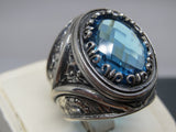 Turkish Handmade Jewelry 925 Sterling Silver Aquamarine Stone Mens Rings