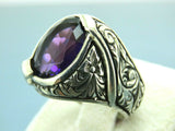 Turkish Handmade Jewelry 925 Sterling Silver Amethyst Stone Engraved Mens Rings