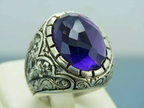 Turkish Handmade Jewelry 925 Sterling Silver Amethyst Stone Engraved Mens Rings