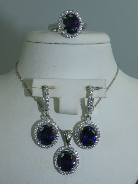 Turkish Handmade Jewelry 925 Sterling Silver Amethyst Stone Women's Earrings, Pendant & Ring Jewelry Set