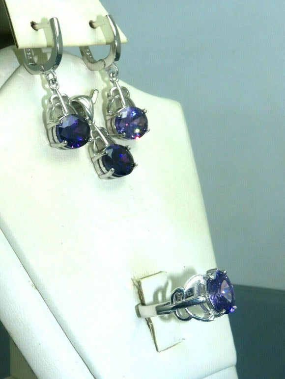 Turkish Handmade Jewelry 925 Sterling Silver Amethyst Stone Women's Earrings, Pendant & Ring Jewelry Set