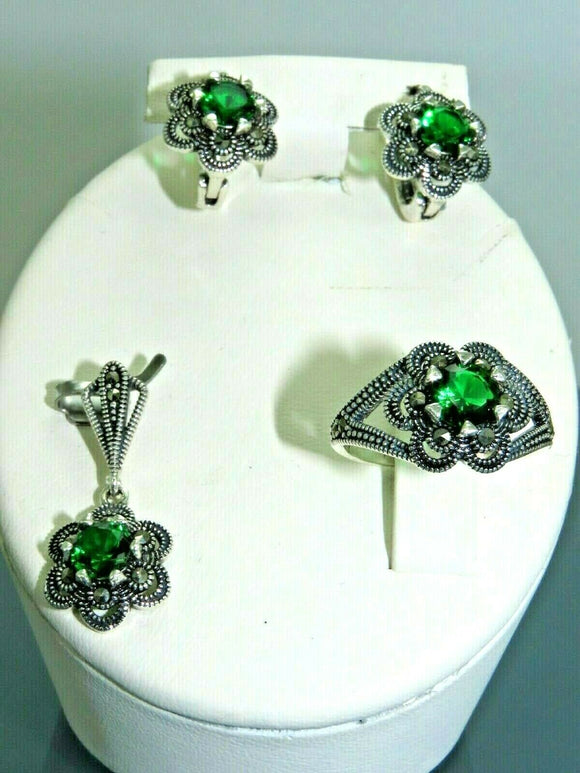 Turkish Handmade Jewelry 925 Sterling Silver Emerald Stone Women Earring Set