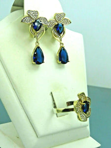 Turkish Handmade Jewelry 925 Sterling Silver Sapphire Stone Women's Earrings & Ring Jewelry Set