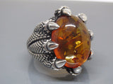 Turkish Handmade Jewelry 925 Sterling Silver Amber Stone Mens Rings