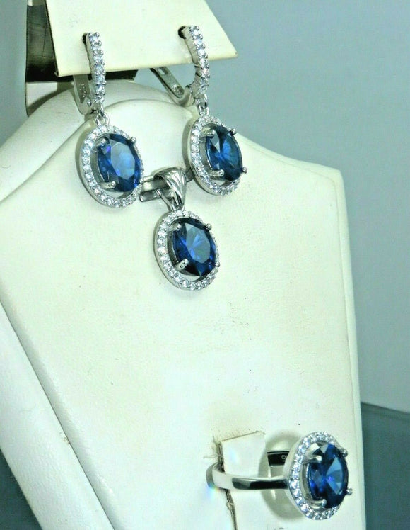 Turkish Handmade Jewelry 925 Sterling Silver Sapphire Stone Women's Earrings, Pendant & Ring Jewelry Set