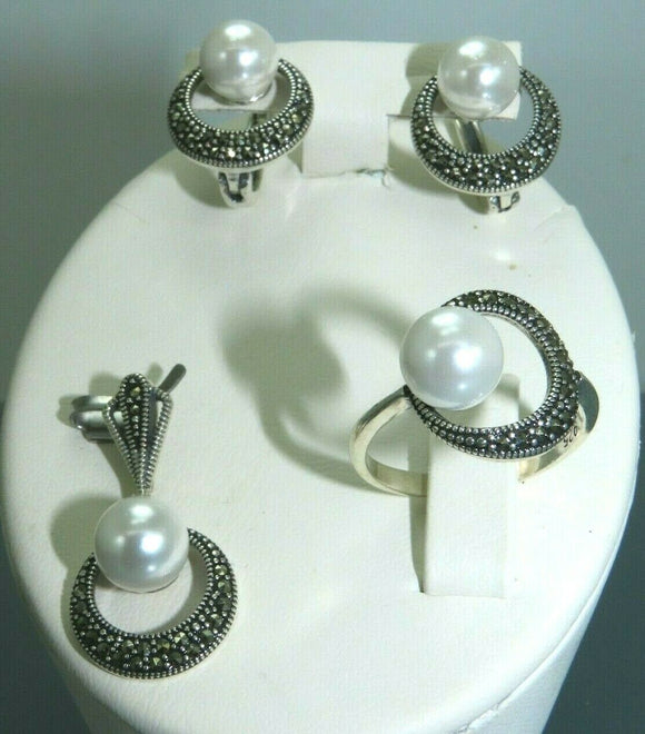 Turkish Handmade Jewelry 925 Sterling Silver Pearl Stone Women's Earrings, Pendant & Ring Jewelry Set