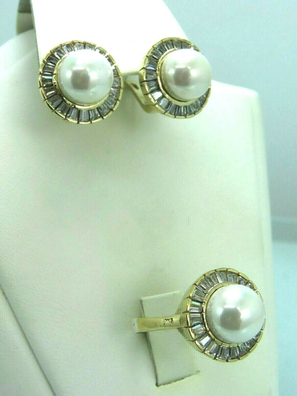 Turkish Handmade Jewelry 925 Sterling Silver Pearl Stone Women's Earrings & Ring Jewelry Set