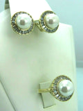 Turkish Handmade Jewelry 925 Sterling Silver Pearl Stone Women's Earrings & Ring Jewelry Set