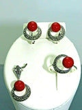 Turkish Handmade Jewelry 925 Sterling Silver Coral Stone Women's Earrings, Pendant & Ring Jewelry Set