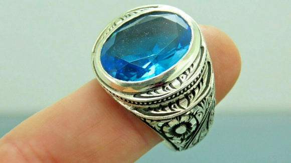 Turkish Handmade Jewelry 925 Sterling Silver Aquamarine Stone Engraved Mens Rings