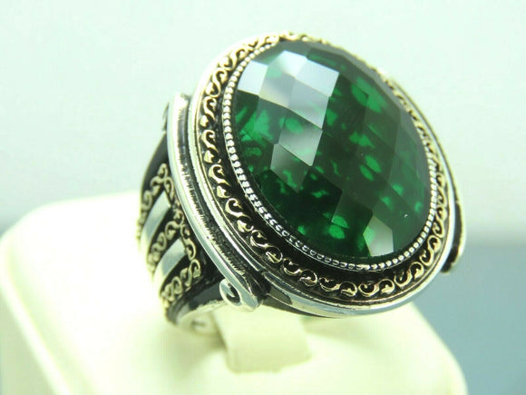 Turkish Handmade Jewelry 925 Sterling Silver Emerald Stone Mens Rings