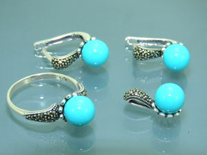 Turkish Handmade Jewelry 925 Sterling Silver Turquoise Stone Women's Earrings, Pendant & Ring Jewelry Set