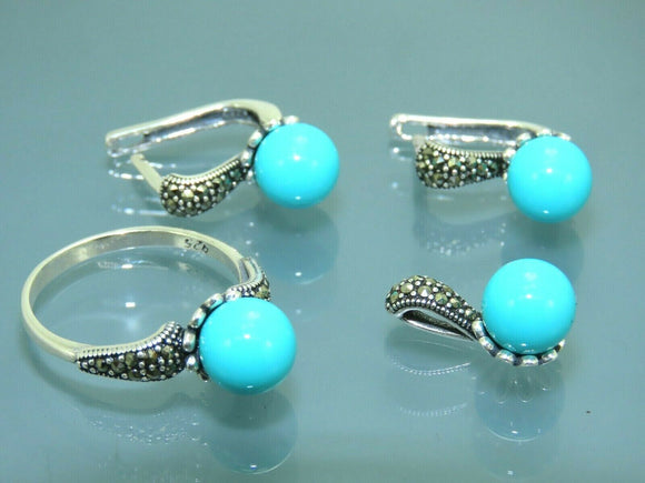Turkish Handmade Jewelry 925 Sterling Silver Turquoise Stone Women's Earrings, Pendant & Ring Jewelry Set