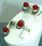 Turkish Handmade Jewelry 925 Sterling Silver Coral Stone Women's Earrings, Pendant & Ring Jewelry Set