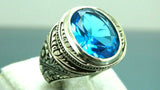Turkish Handmade Jewelry 925 Sterling Silver Aquamarine Stone Engraved Mens Rings