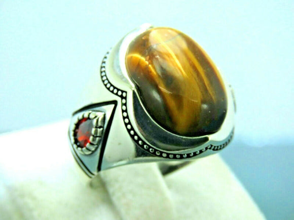 Turkish Handmade Jewelry 925 Sterling Silver Tiger's Eye Stone Mens Rings