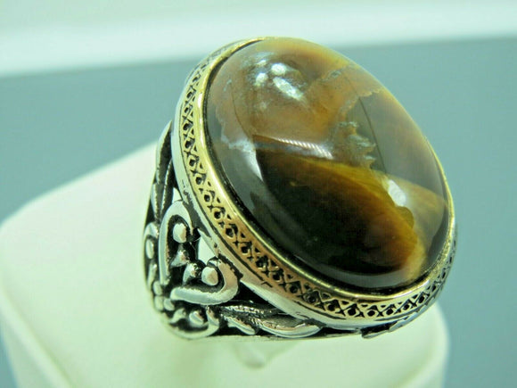 Turkish Handmade Jewelry 925 Sterling Silver Tiger's Eye Stone Mens Rings