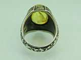 Turkish Handmade Jewelry 925 Sterling Silver Amber Stone Engraved Mens Rings