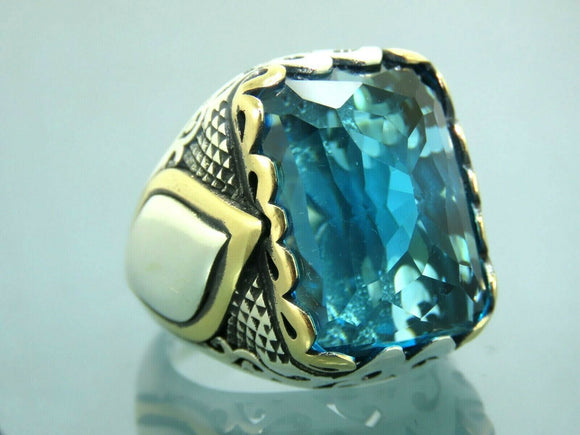 Turkish Handmade Jewelry 925 Sterling Silver Aquamarine Stone Mens Rings