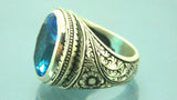 Turkish Handmade Jewelry 925 Sterling Silver Aquamarine Stone Engraved Mens Rings