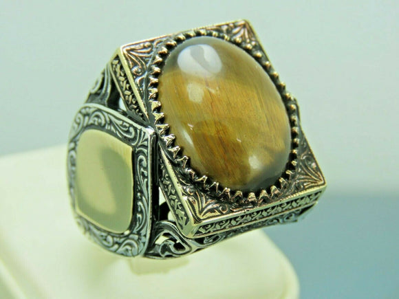 Turkish Handmade Jewelry 925 Sterling Silver Tiger's Eye Stone Mens Rings