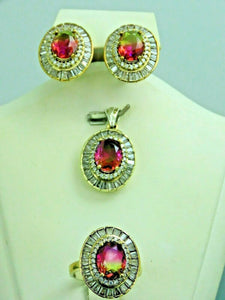 Turkish Handmade Jewelry 925 Sterling Silver Tourmaline Stone Women's Earrings, Pendant & Ring Jewelry Set