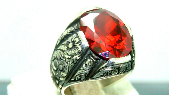 Turkish Handmade Jewelry 925 Sterling Silver Garnet Stone Engraved Mens Rings