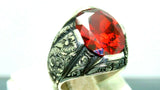 Turkish Handmade Jewelry 925 Sterling Silver Garnet Stone Engraved Mens Rings