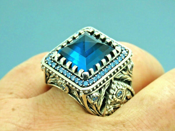 Turkish Handmade Jewelry 925 Sterling Silver Aquamarine Stone Mens Rings