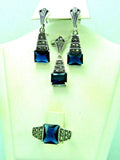 Turkish Handmade Jewelry 925 Sterling Silver Sapphire Stone Women's Earrings, Pendant & Ring Jewelry Set