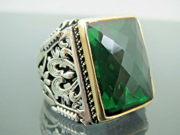 Turkish Handmade Jewelry 925 Sterling Silver Emerald Stone Engraved Mens Rings