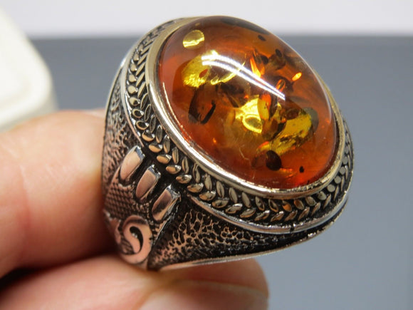 Turkish Handmade Jewelry 925 Sterling Silver Amber Stone Mens Rings