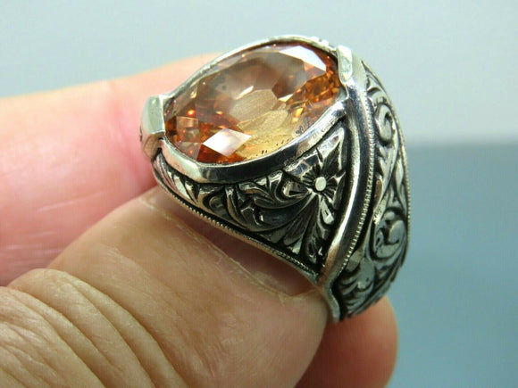 Turkish Handmade Jewelry 925 Sterling Silver Quartz Stone Engraved Mens Rings