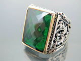Turkish Handmade Jewelry 925 Sterling Silver Emerald Stone Engraved Mens Rings