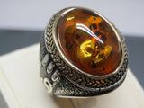 Turkish Handmade Jewelry 925 Sterling Silver Amber Stone Mens Rings