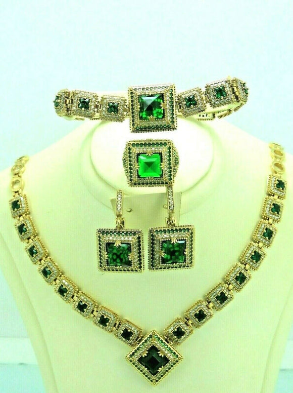 Turkish Handmade Jewelry 925 Sterling Silver Emerald Stone Women's Necklace, Earring, Bracelet & Ring Jewelry Set
