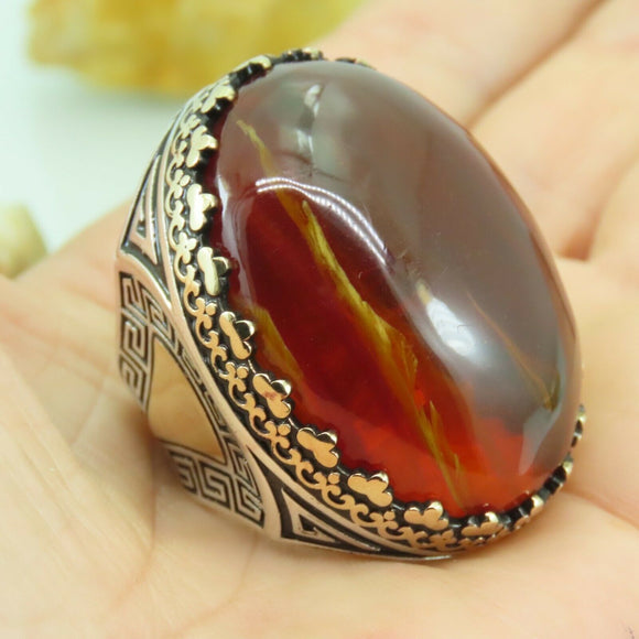 Turkish Handmade Jewelry 925 Sterling Silver Amber Stone Mens Rings