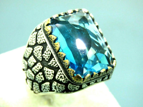 Turkish Handmade Jewelry 925 Sterling Silver Aquamarine Stone Mens Rings