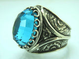 Turkish Handmade Jewelry 925 Sterling Silver Aquamarine Stone Mens Rings