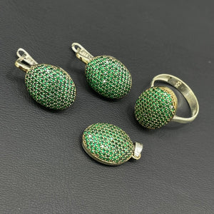 Turkish Handmade Jewelry 925 Sterling Silver Emerald Stone Women's Pendant & Earring Jewelry Set