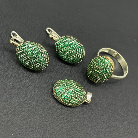 Turkish Handmade Jewelry 925 Sterling Silver Emerald Stone Women's Pendant & Earring Jewelry Set