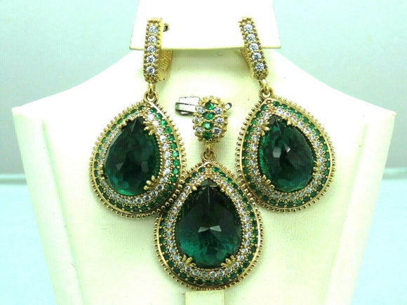 Turkish Handmade Jewelry 925 Sterling Silver Emerald Stone Women's Earrings & Pendant Jewelry Set