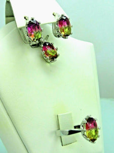 Turkish Handmade Jewelry 925 Sterling Silver Tourmaline Stone Women's Earrings, Pendant & Ring Jewelry Set
