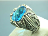 Turkish Handmade Jewelry 925 Sterling Silver Aquamarine Stone Engraved Mens Rings