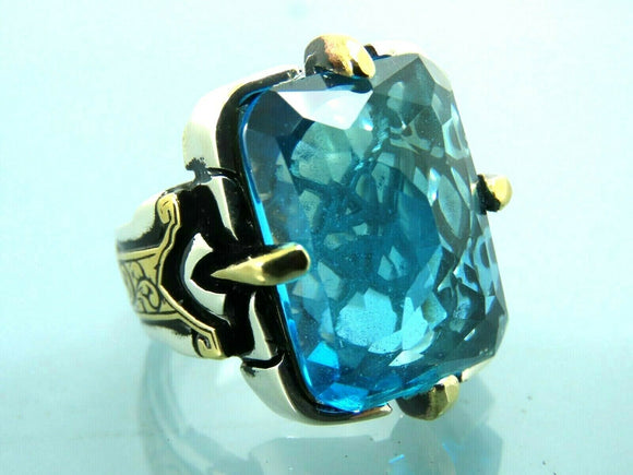 Turkish Handmade Jewelry 925 Sterling Silver Aquamarine Stone Mens Rings