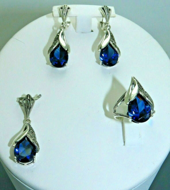 Turkish Handmade Jewelry 925 Sterling Silver Sapphire Stone Women's Earrings, Pendant & Ring Jewelry Set