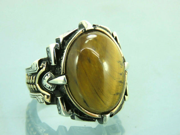 Turkish Handmade Jewelry 925 Sterling Silver Tiger's Eye Stone Mens Rings